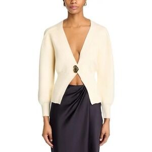 FORE Cream Balloon Sleeve Cardigan L NWOT | Gold Button Deep V Knit Quiet Luxury